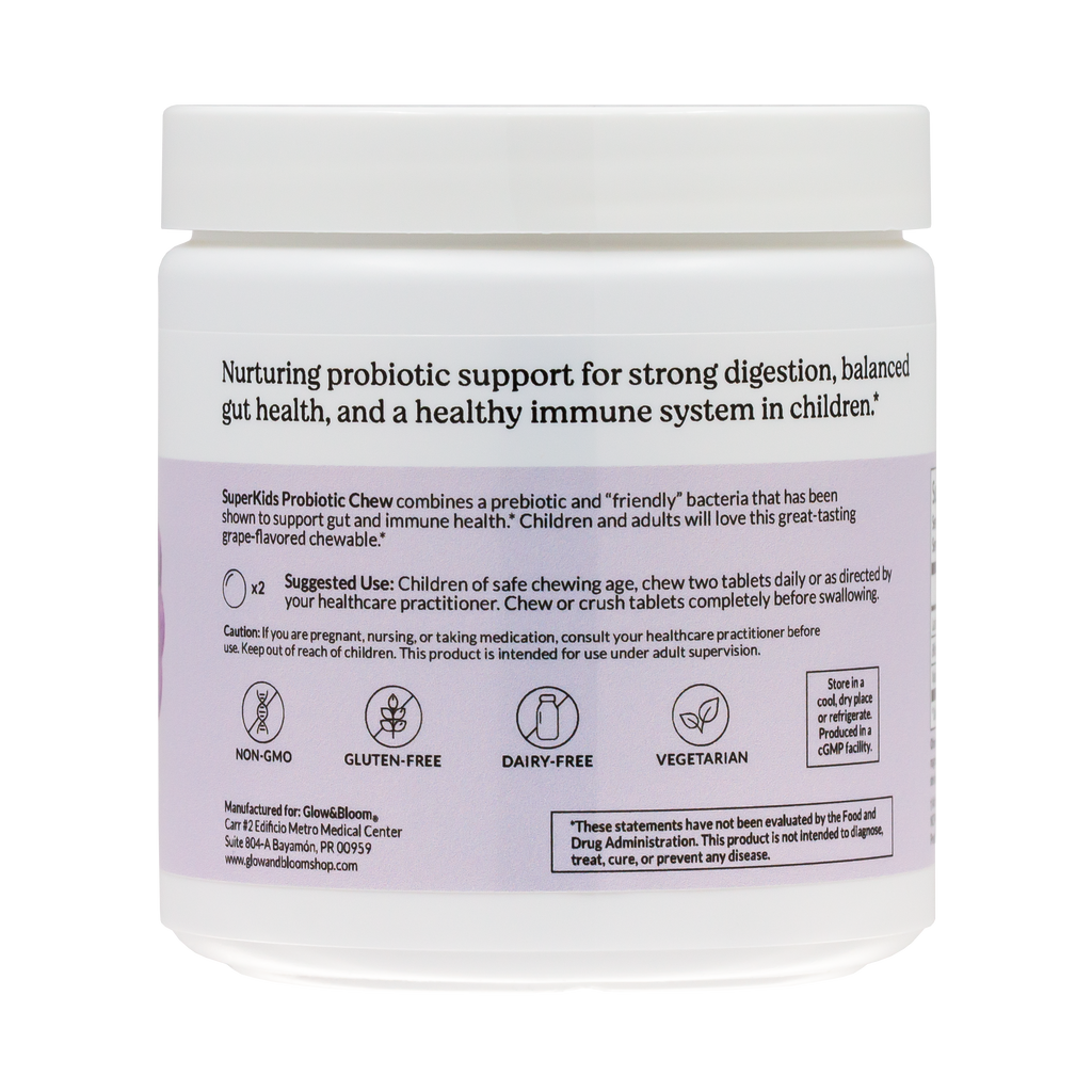 SuperKids Probiotic Chew | Probiótico infantil en tableta masticable con sabor a uva para apoyar la digestión y el bienestar diario