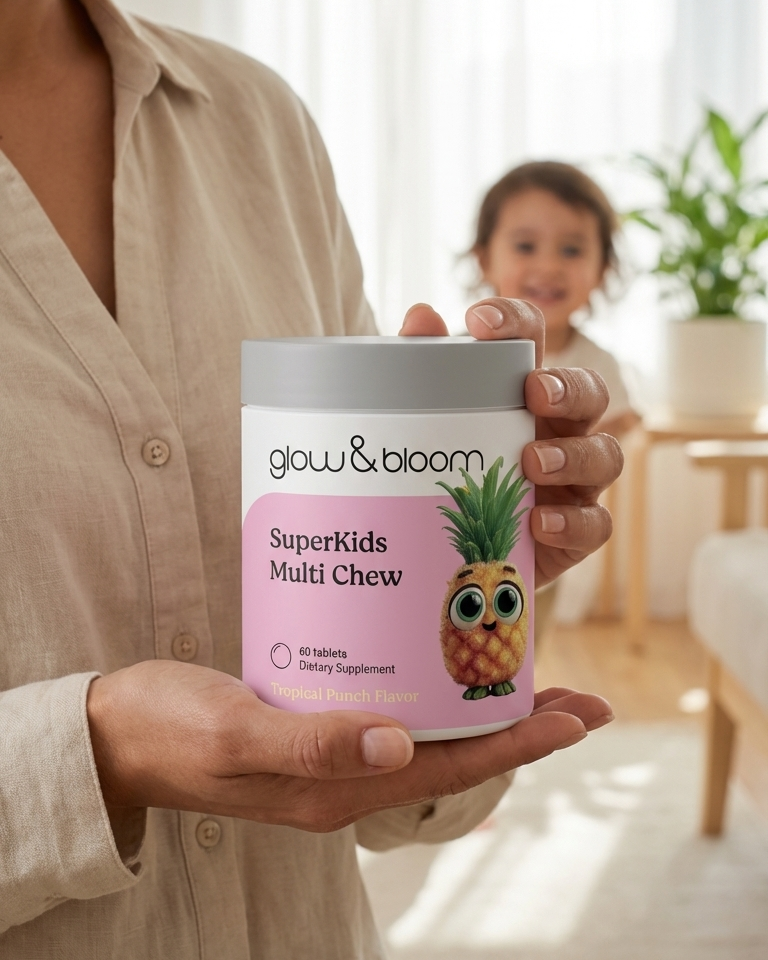 SuperKids Multi-chew- Muitivitamina completa para niños en tabletas masticables con sabor tropical para el crecimiento, digestión y sistema inmunológico