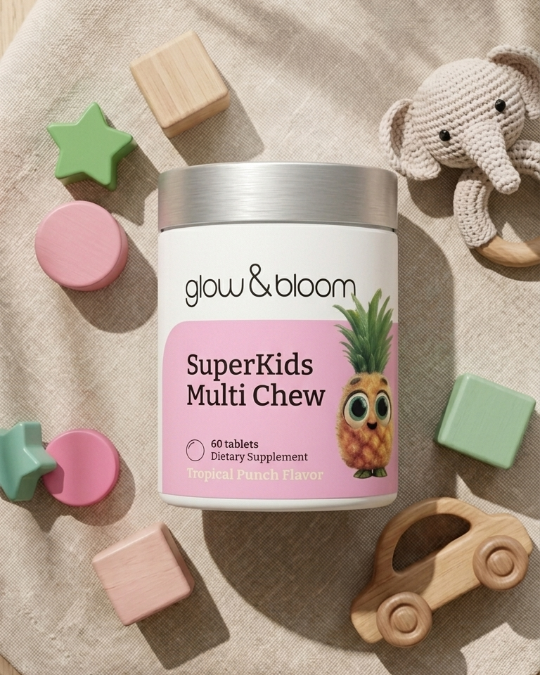 SuperKids Multi-chew- Muitivitamina completa para niños en tabletas masticables con sabor tropical para el crecimiento, digestión y sistema inmunológico