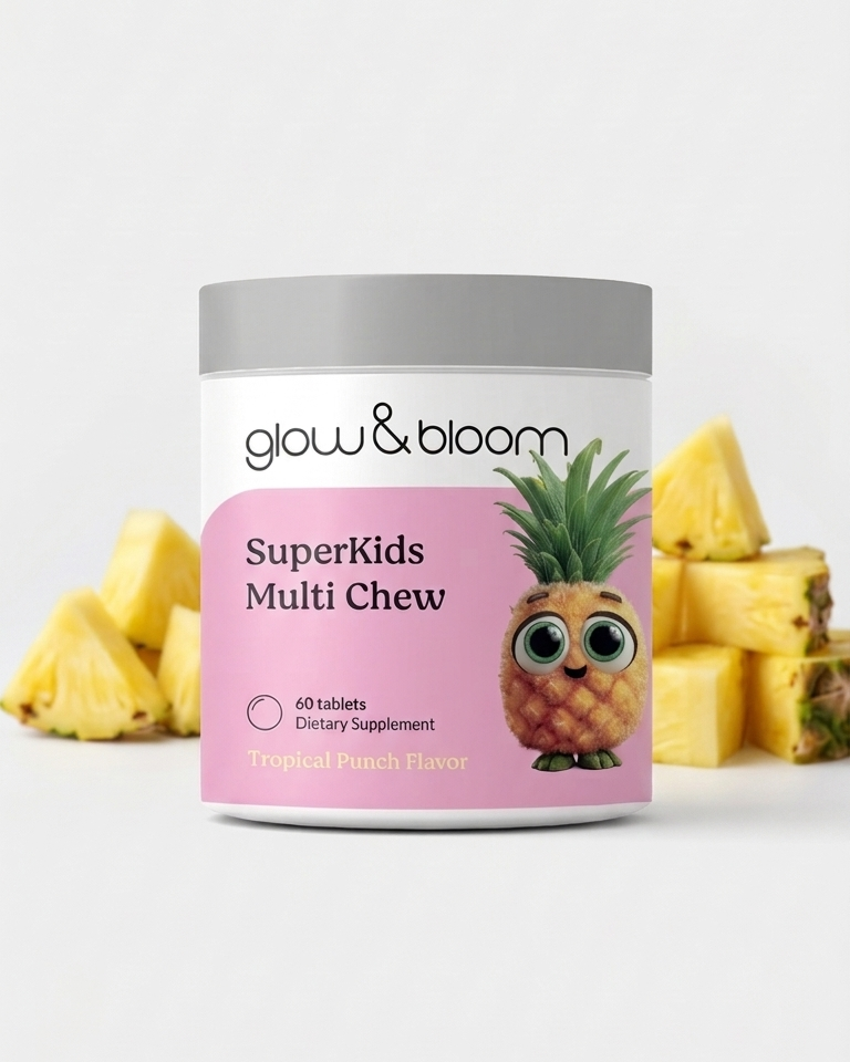 SuperKids Multi-chew- Muitivitamina completa para niños en tabletas masticables con sabor tropical para el crecimiento, digestión y sistema inmunológico