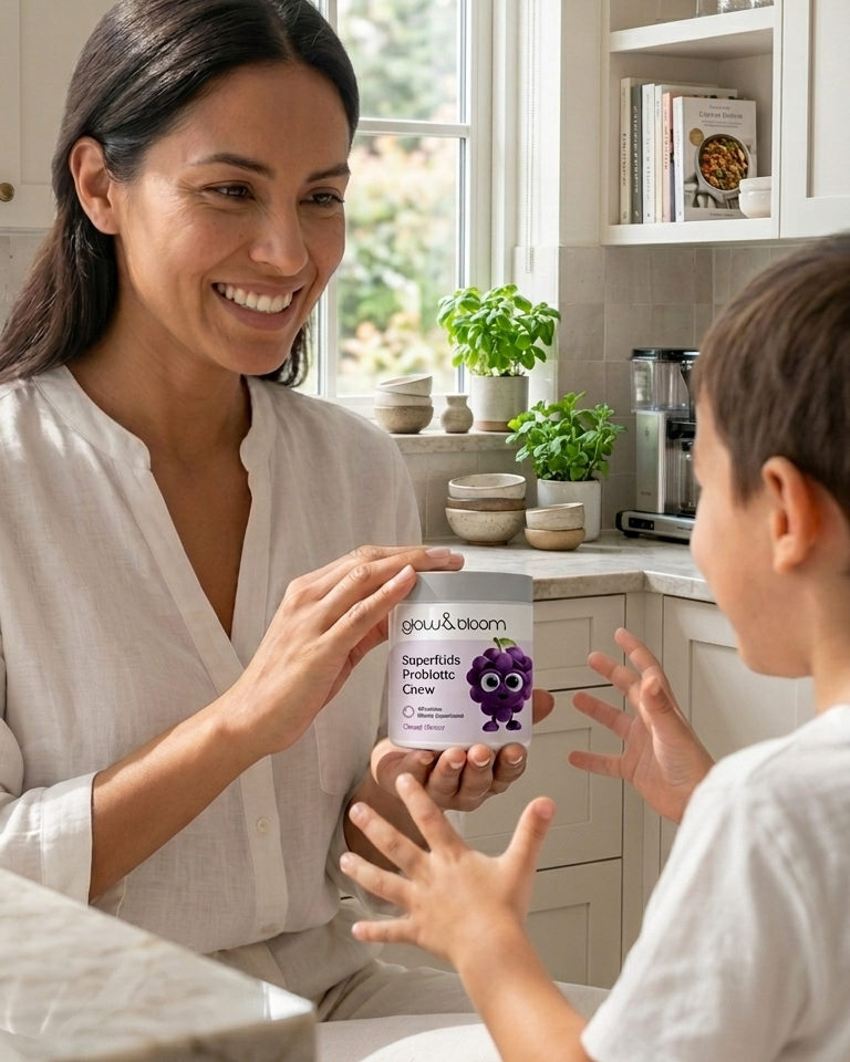 SuperKids Probiotic Chew- Probiótico y prebiótico en tabletas masticables con sabor a uva para la digestión y sistema inmunológico