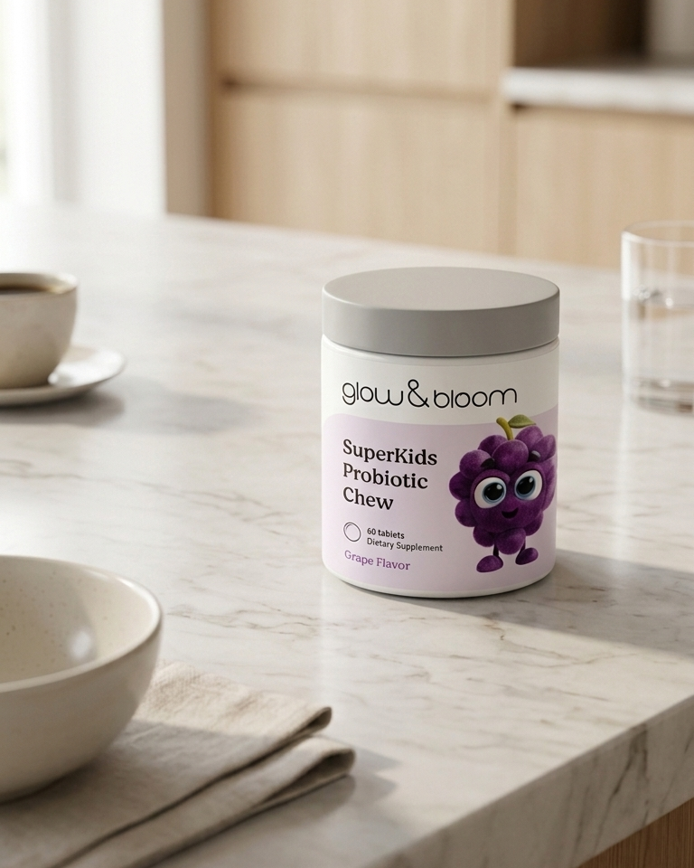 SuperKids Probiotic Chew- Probiótico y prebiótico en tabletas masticables con sabor a uva para la digestión y sistema inmunológico