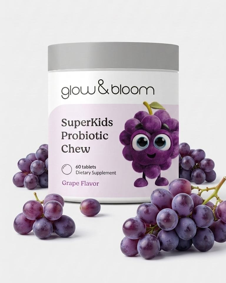 SuperKids Probiotic Chew- Probiótico y prebiótico en tabletas masticables con sabor a uva para la digestión y sistema inmunológico